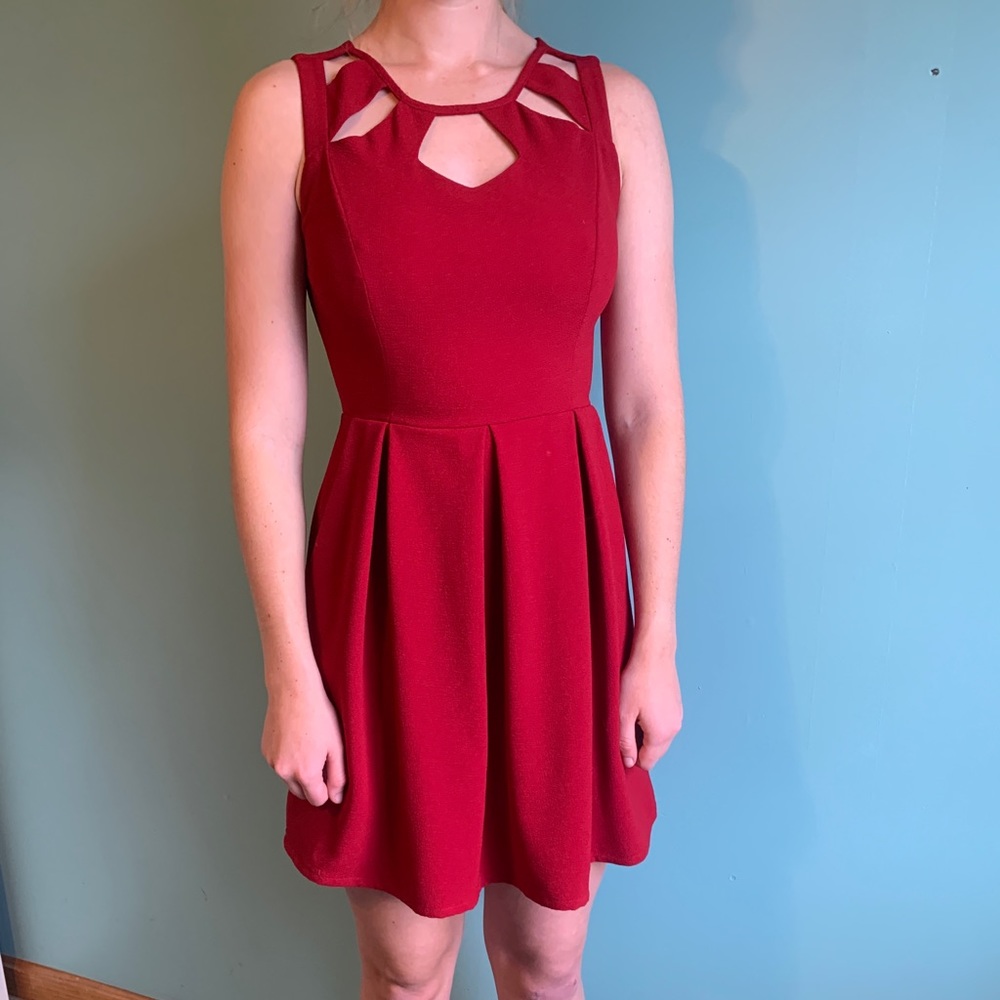 Red short dress with neck cut outs and POCKETS!